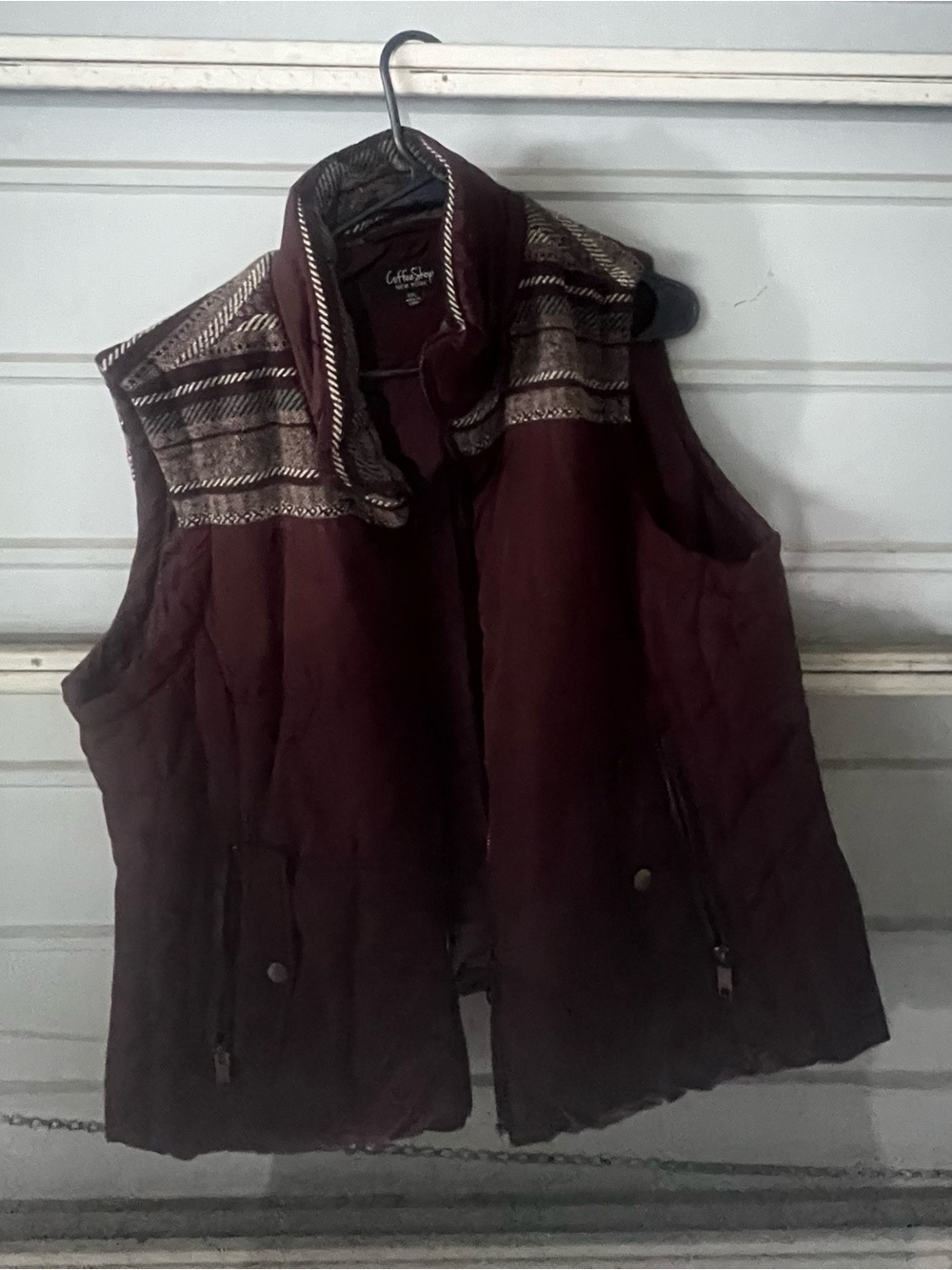 CoffeeShop Women's Quilted Maroon Vest with Patterned Yoke